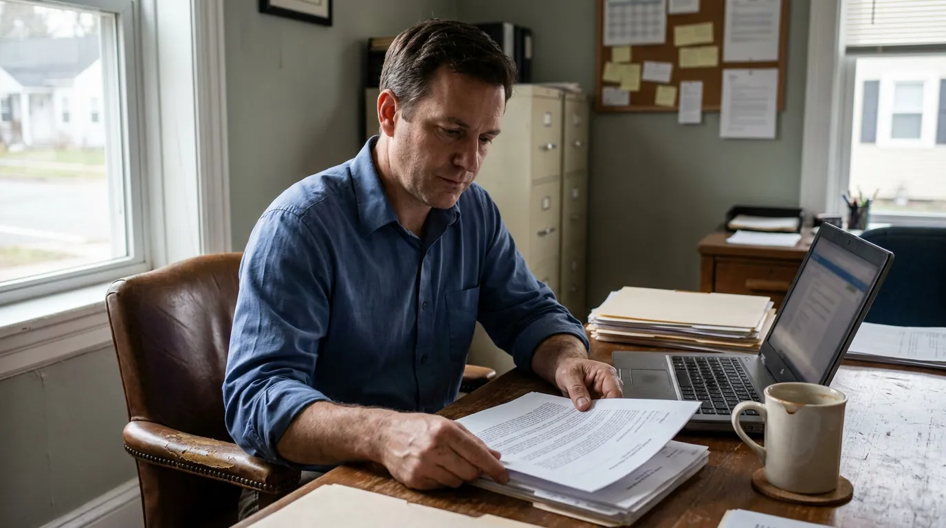 man reviewing printed legal documents at desk with open laptop and filing cabinet