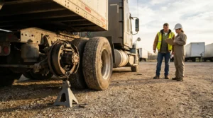 Charlotte Hit and Run Accident Lawyer - Payne Law Firm two inspectors reviewing clipboard beside semi-truck with exposed brake drum and jack stand