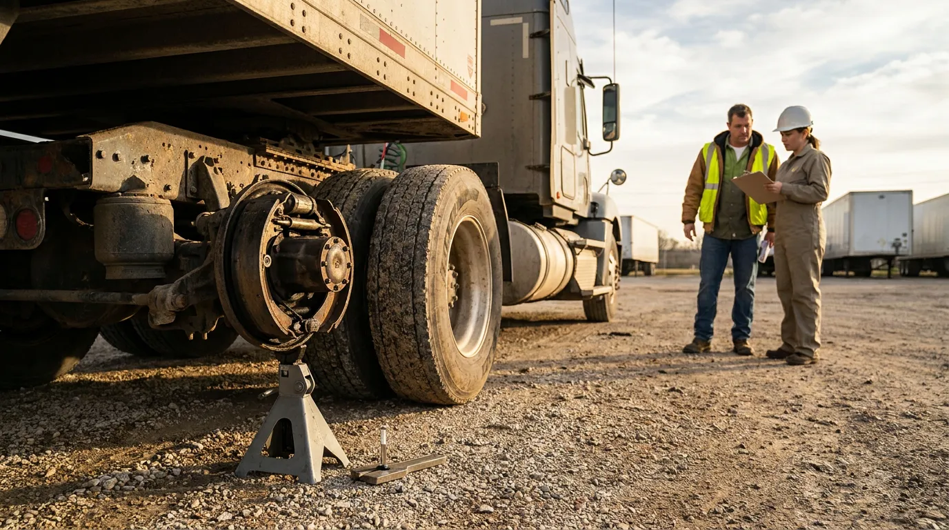 two inspectors reviewing clipboard beside semi-truck with exposed brake drum and jack stand