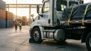 Charlotte Hit and Run Accident Lawyer - Payne Law Firm flatbed truck with strapped cargo parked at shipping container yard with workers nearby