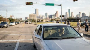 driver stopped at urban intersection with city skyline and pedestrians visible