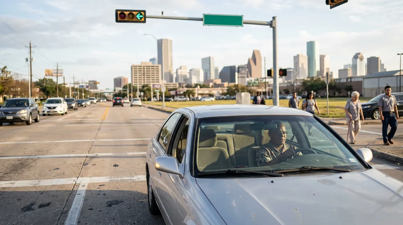 driver stopped at urban intersection with city skyline and pedestrians visible