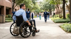Charlotte Hit and Run Accident Lawyer - Payne Law Firm man in wheelchair on outdoor hospital walkway with masked medical staff approaching