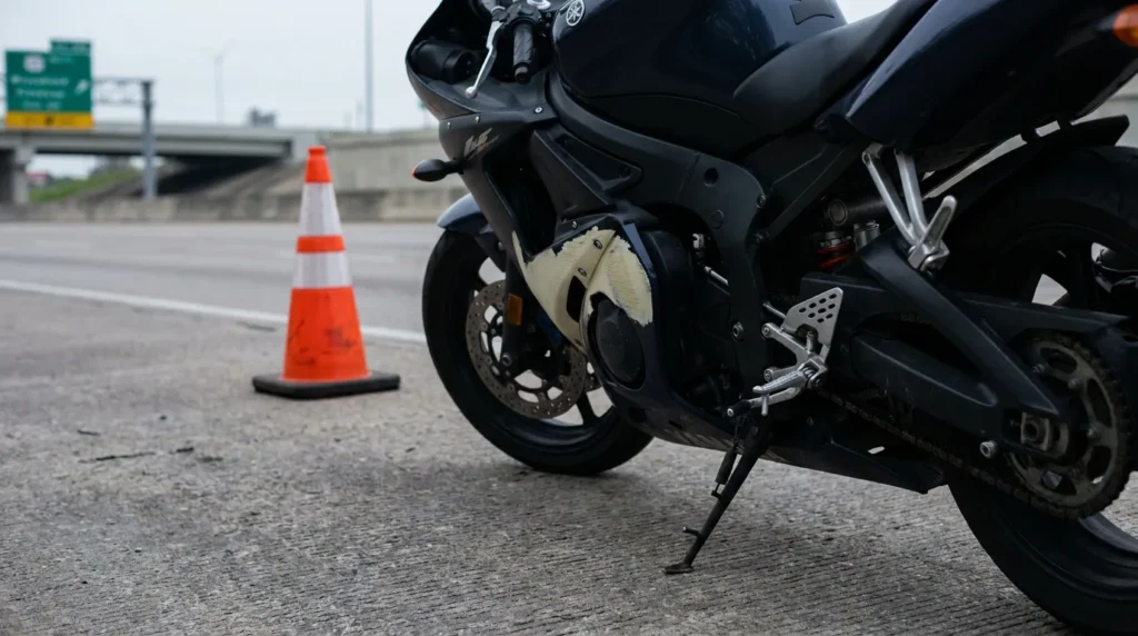 damaged Yamaha motorcycle parked on highway road near traffic cone
