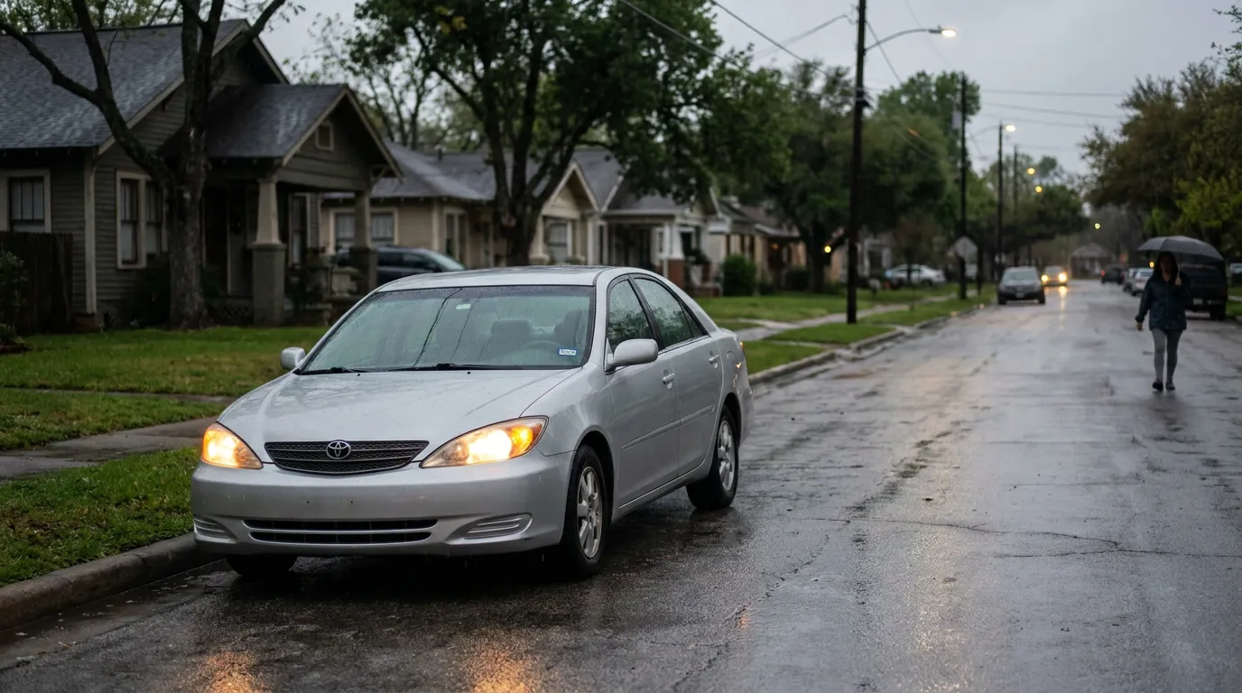 Toyota sedan with headlights on driving wet residential street near pedestrian with umbrella