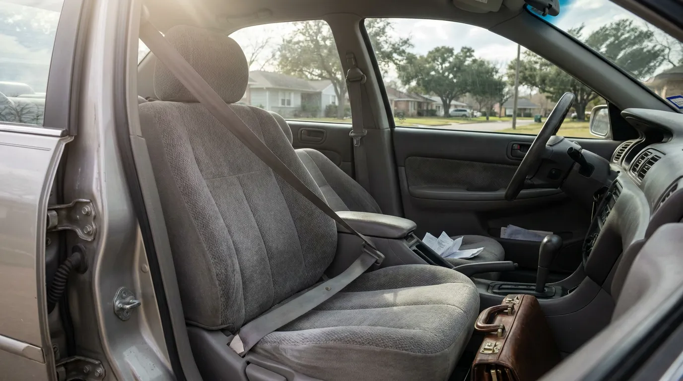 vehicle interior showing front seats, seatbelt, steering wheel, and documents on seat
