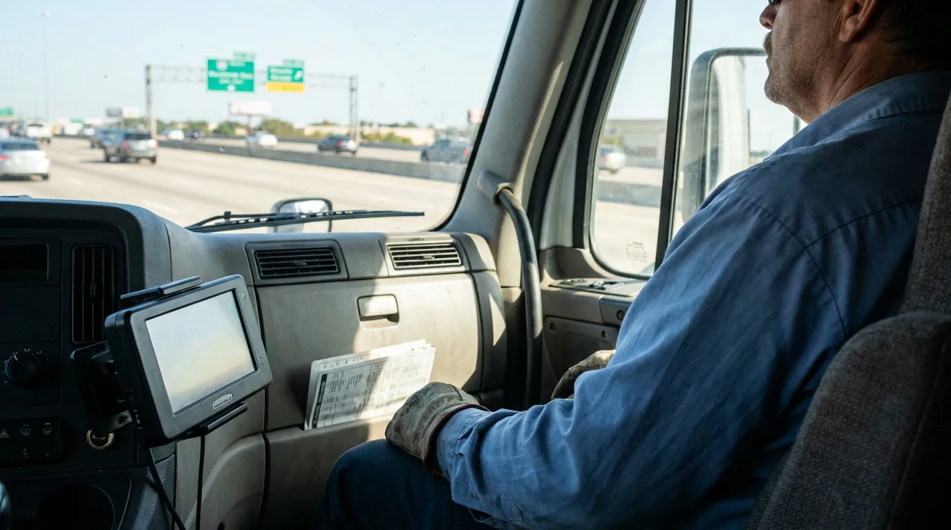 truck driver holding documents in cab with GPS device on highway