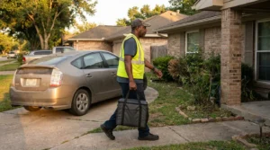 gig worker in safety vest carrying delivery bag along residential driveway
