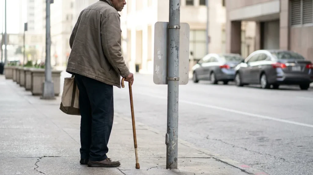 elderly man using wooden cane standing on urban sidewalk near street pole