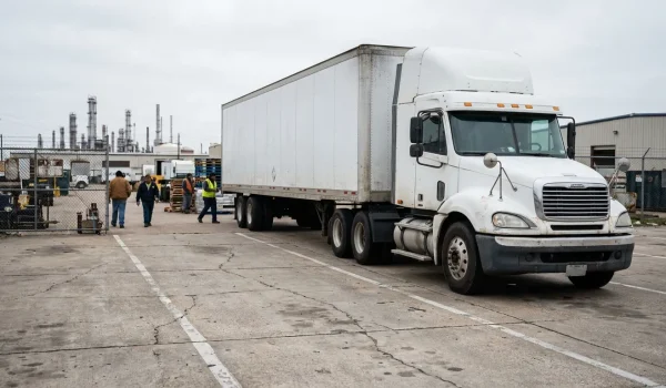 semi-truck parked at industrial facility with workers in safety vests nearby