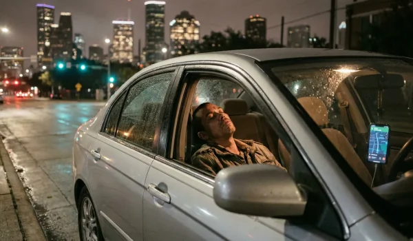 man slumped asleep in parked car at night with navigation app visible on phone