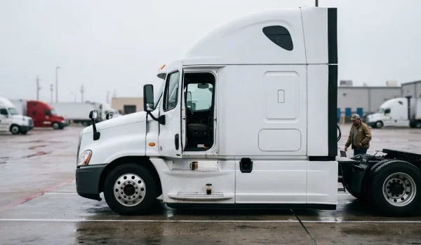 semi-truck with open cab door parked at commercial trucking facility with driver nearby