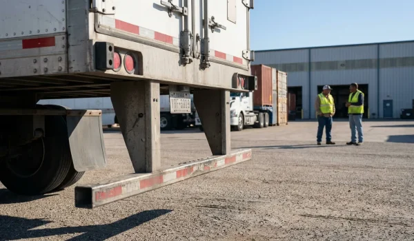 rear of parked semi-trailer with Texas license plate and two workers in safety vests nearby