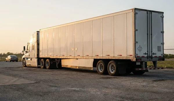 large semi-truck with enclosed trailer parked in open lot near fence