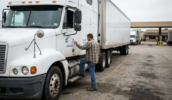 truck driver climbing into cab of Houston-based commercial semi-truck at freight facility