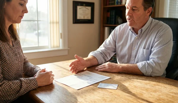 attorney explaining medical billing statement to client across office desk