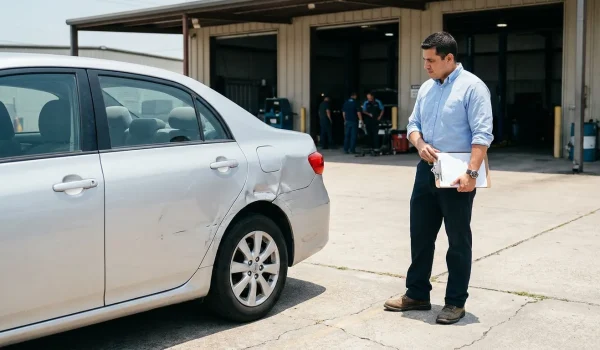 man holding clipboard inspecting sedan with visible rear panel collision damage