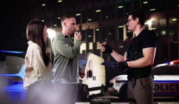 Police officer administering blood test to seated man inside patrol vehicle