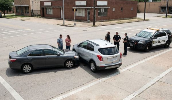 Houston Police officers responding to two-vehicle rear-end collision at intersection
