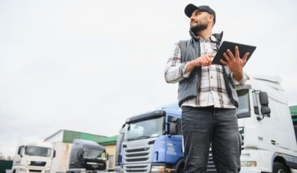Bearded truck driver holding tablet beside parked semi trucks in loading yard