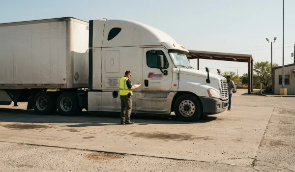 worker in safety vest holding clipboard beside commercial semi-truck at freight yard