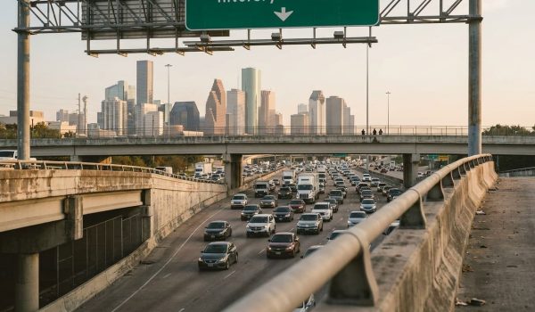 heavy highway traffic with overhead interstate sign and Houston skyline in background