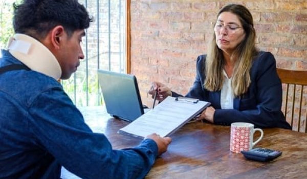 A man wearing a neck brace reviews paperwork at a desk with a woman holding a clipboard and pen, a laptop, mug, and calculator are on the table.