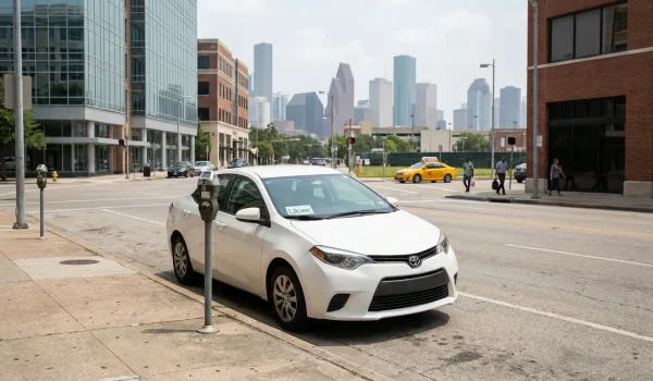 Uber-labeled Toyota sedan parked on urban street with city skyline background