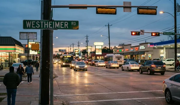 Westheimer Road street sign at busy Houston intersection with heavy traffic