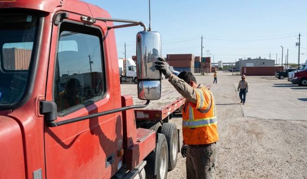 worker in safety vest inspecting side mirror of commercial flatbed truck at freight yard